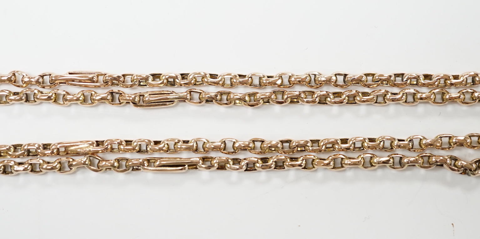 A 19th century 9ct oval link guard chain, 154cm, 40.1 grams.